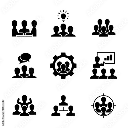 Team work black icons on white background. Team cooperation, work, target, taining, success, meeting and more.