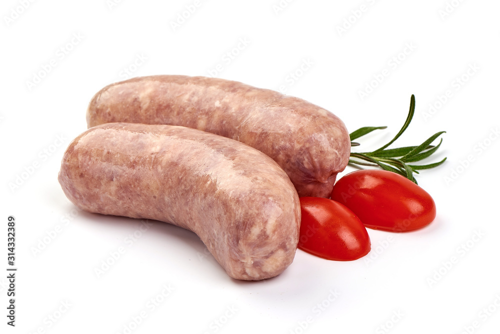 German Sausage, Raw Munich Sausages with herbs and spices, isolated on white background German Sausage, Raw Munich Sausages with herbs and spices, isolated on white background