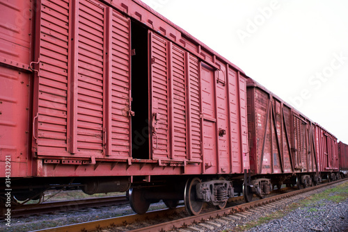 Freight train wagon on rails close up