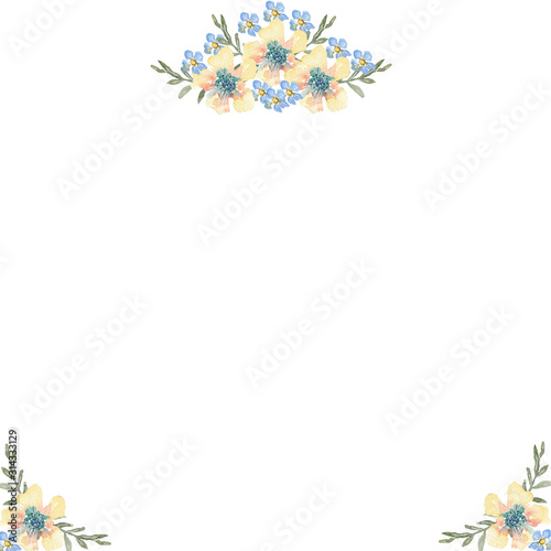 Background from watercolor summer yellow and blue flowers on a white background. Use for wedding invitations, birthdays, menus and decorations