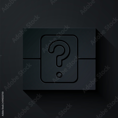 Paper cut Mystery box or random loot box for games icon isolated on black background. Question box. Paper art style. Vector Illustration