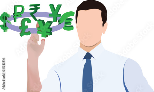 persona in camicia con dito alzato fa girare simboli valuta
