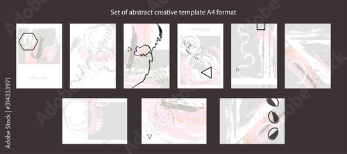 Set of pink abstract creative template A4 format splashes and strokes of paint with gelometric elements