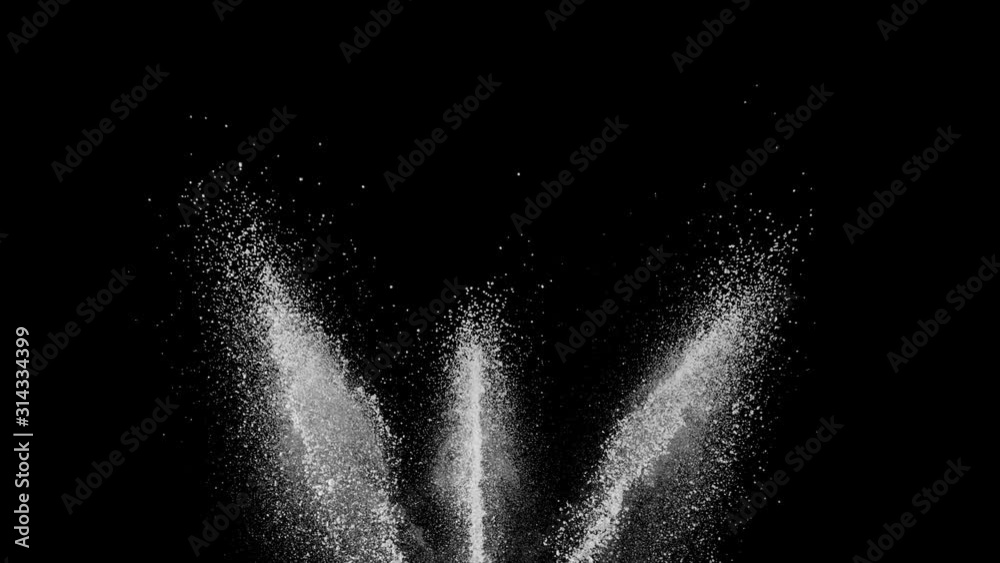 Realistic white powder dust explosion on black background. Slow motion movement in three directions