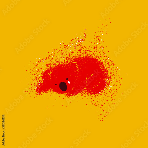 vector illustration of a sad koala bear, in hot colour theme, represent wild fire in Australia