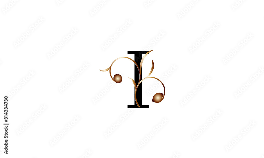 Elegant letter I in black with a botanical metallic element. Vector logo design. Alphabet label sign for brand and identity. Elegant letter I in black with a botanical metallic element. Vector logo design. Alphabet label sign for brand and identity.