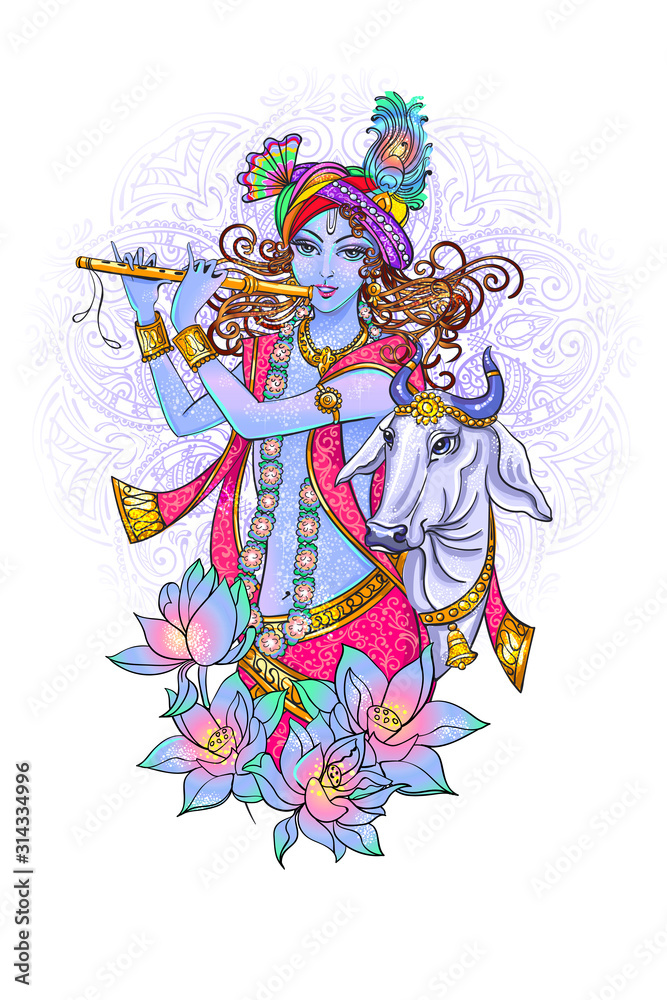 Young smiling Lord Krishna with a flute and a cow surrounded by lotuses and tribal ethnic elements such as mandala and paisley. isolated Varicoloured vector illustration