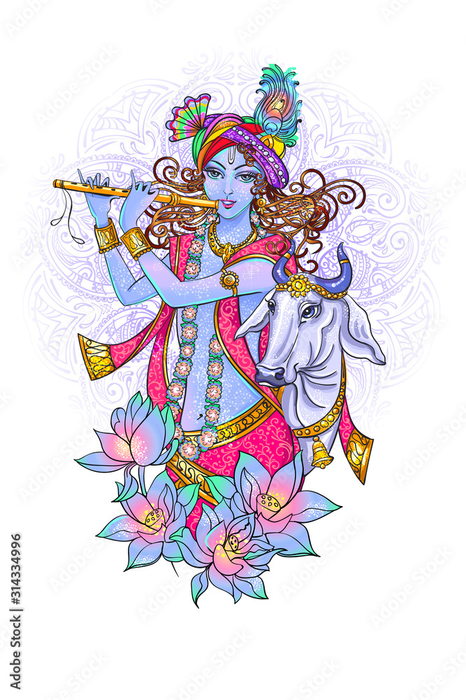 Young smiling Lord Krishna with a flute and a cow surrounded by lotuses and tribal ethnic elements such as mandala and paisley. isolated Varicoloured vector illustration Young smiling Lord Krishna with a flute and a cow surrounded by lotuses and tribal ethnic elements such as mandala and paisley. isolated Varicoloured vector illustration