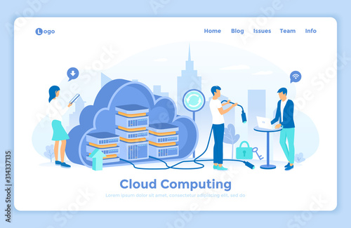 Cloud computing and system resources, data storage, hosting, connection. 3d servers in a big cloud. Users work with a cloud service platform. landing web page design template decorated with people