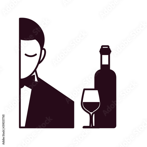 wine taster with bottle and cup block line style icon
