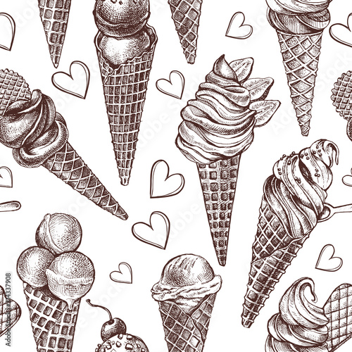 Decorative seamless pattern with Ink hand drawn different types of ice cream and italian gelato. Food elements texture for your design. Vector illustration.