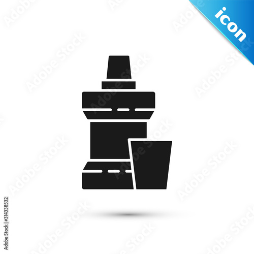 Black Mouthwash plastic bottle and glass icon isolated on white background. Liquid for rinsing mouth. Oralcare equipment. Vector Illustration