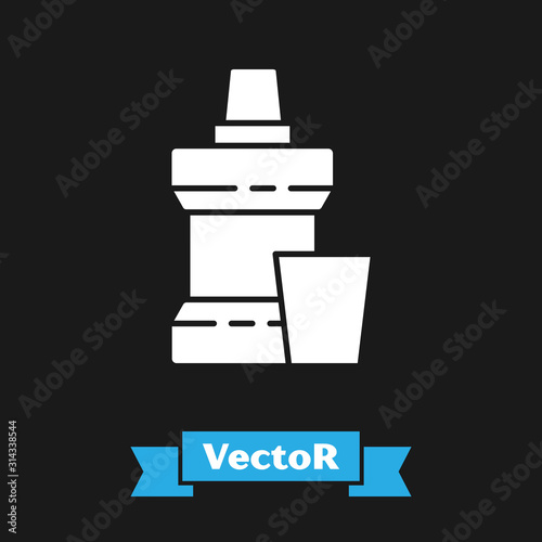 White Mouthwash plastic bottle and glass icon isolated on black background. Liquid for rinsing mouth. Oralcare equipment. Vector Illustration