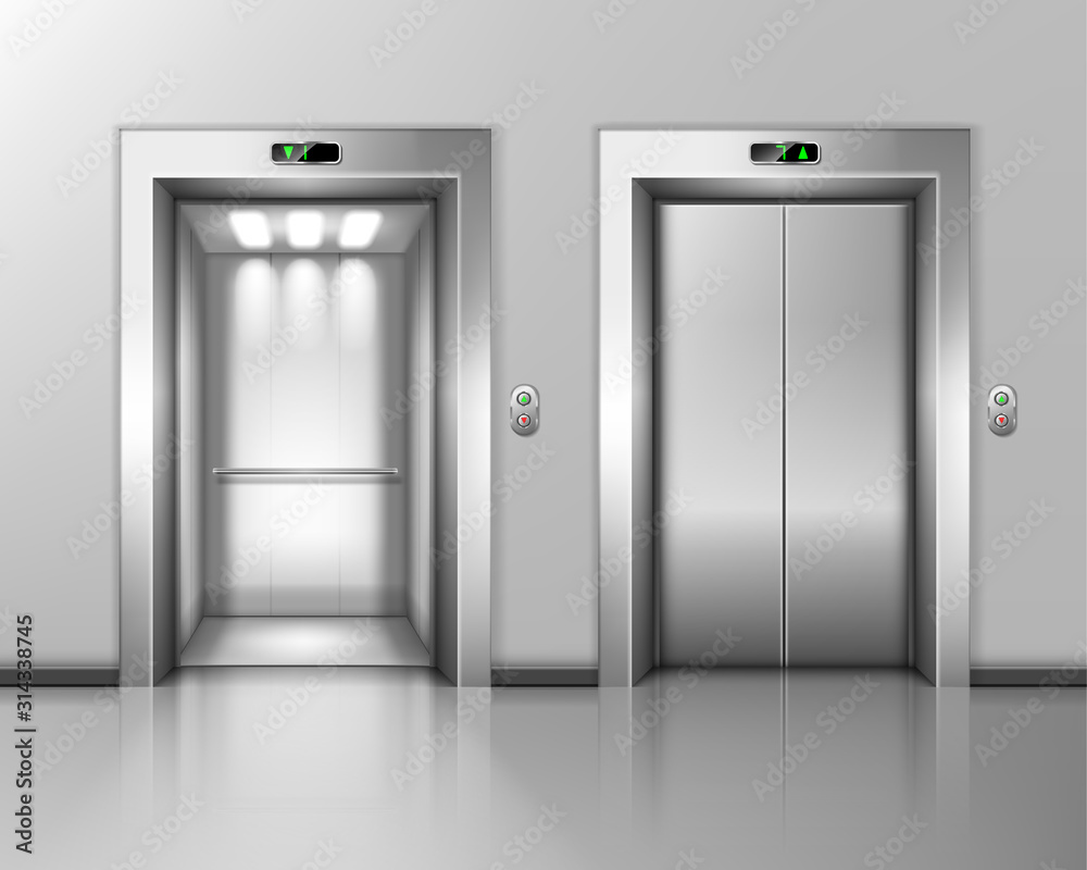 Lift doors, elevator close and open. Building hall interior with chrome metal gates, buttons and stage number panels, indoor transportation in house, office or hotel, realistic 3d vector Illustration Lift doors, elevator close and open. Building hall interior with chrome metal gates, buttons and stage number panels, indoor transportation in house, office or hotel, realistic 3d vector Illustration