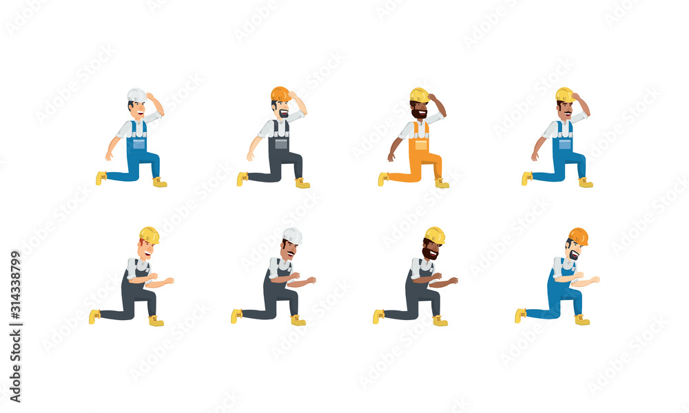 Isolated builder men with yellow and white helmet set vector design Isolated builder men with yellow and white helmet set vector design