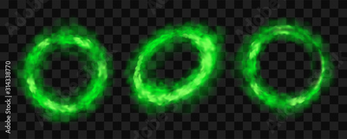 Green smoke circles, round glow smog clouds set, steam isolated on transparent background. Cigarette rings, toxic acid colored magic vapor design elements. Realistic 3d vector illustration, clip art