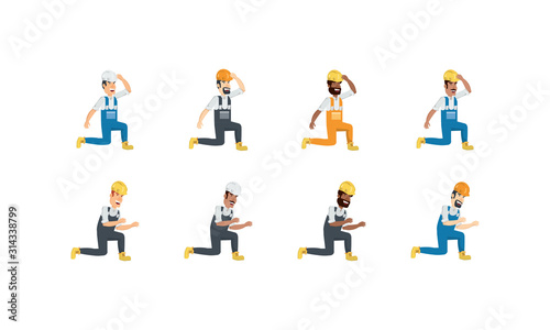 Isolated builder men with yellow and white helmet set vector design