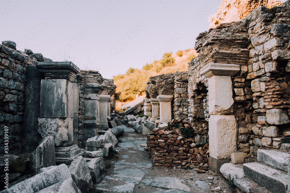 Antique city of Ephesus.Ruins of an ancient city in Turkey.Selcuk, Kusadasi, Turkey.Archaeological site,expedition.Remains of an abandoned ancient Greek city.Brick arches.Stone walls.Kuretov street.