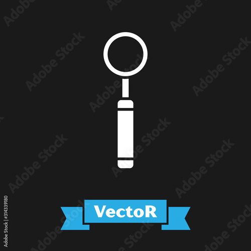 White Dental inspection mirror icon isolated on black background. Tool dental checkup. Vector Illustration