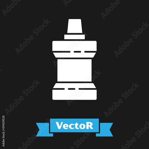 White Mouthwash plastic bottle icon isolated on black background. Liquid for rinsing mouth. Oralcare equipment. Vector Illustration