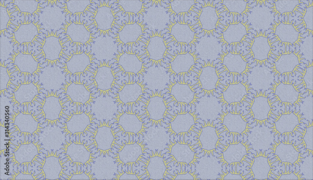seamless royal pattern of pale blue and yellow on grey fabric. Original repeating ornament for fabric cloth, wallpaper, wrapping, banners, interior decoration. template with creative design