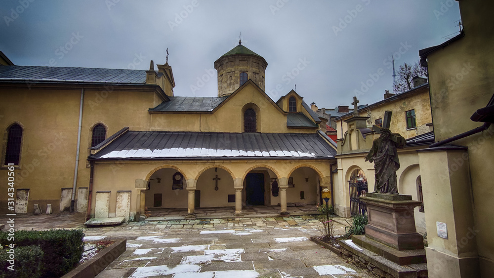 Fototapeta premium Lviv old city architecture with cloudy weather in the winter season