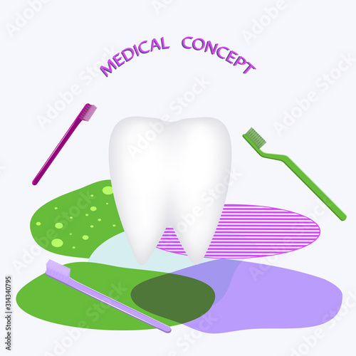 Happy dentist day. Tooth and toothbrushes - abstract bright spots on a light background - art, vector. International Dentist Day. Healthy Clean Teeth.