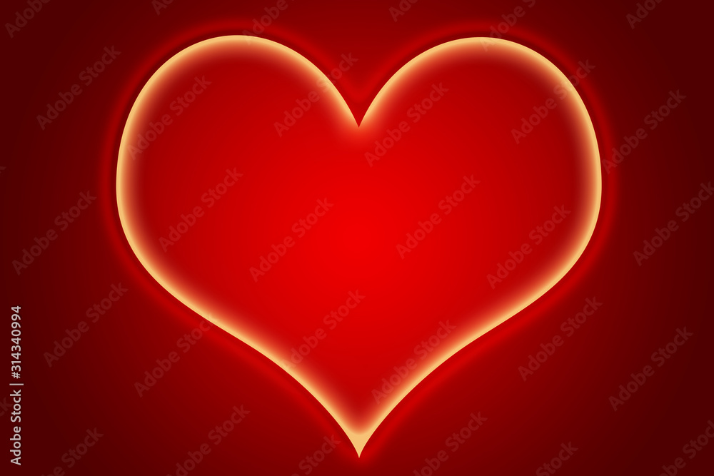Corazón iluminado sobre fondo rojo.