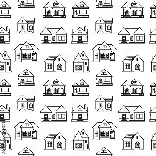 Vector seamless pattern with different country cottage on white color background.