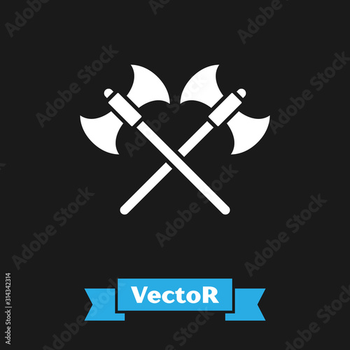 White Crossed medieval axes icon isolated on black background. Battle axe, executioner axe. Vector Illustration