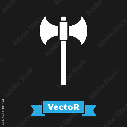White Medieval axe icon isolated on black background. Battle axe, executioner axe. Vector Illustration