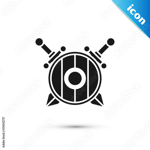 Black Medieval wooden shield with crossed swords icon isolated on white background. Vector Illustration