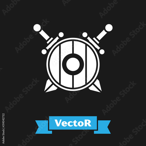 White Medieval wooden shield with crossed swords icon isolated on black background. Vector Illustration