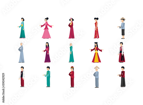 Isolated chinese people with traditional cloth set vector design