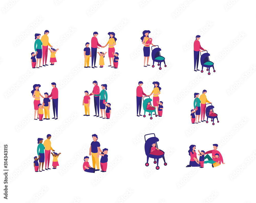 Set of mothers fathers and kids vector design