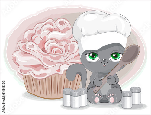 cook cat with spoon and spices and cupcake