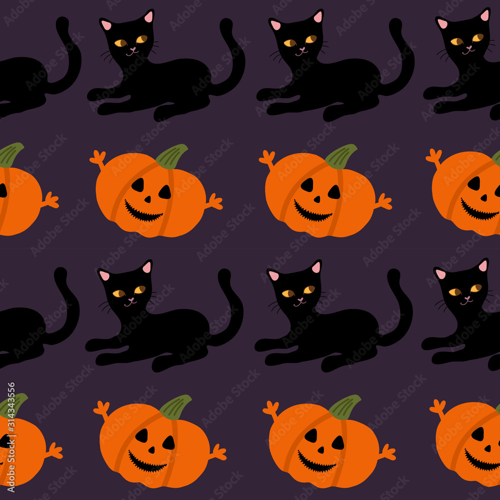 Seamless pattern of black cats and pumpkins.Hand draw characters.Suitable for decoration on a Halloween party. Cute pattern for wrapping paper and fabric
