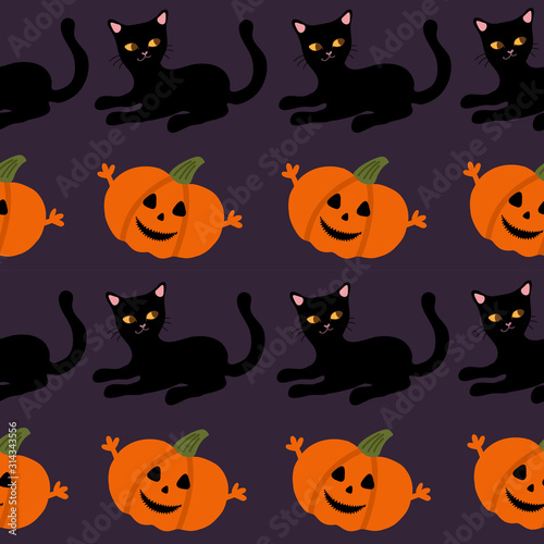 Seamless pattern of black cats and pumpkins.Hand draw characters.Suitable for decoration on a Halloween party. Cute pattern for wrapping paper and fabric