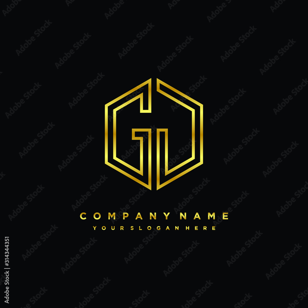 Initial letter GJ, minimalist line art monogram hexagon logo, gold color Initial letter GJ, minimalist line art monogram hexagon logo, gold color