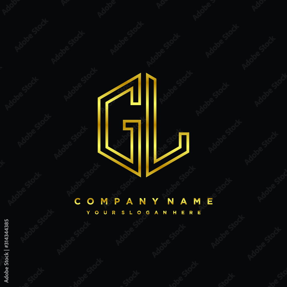Initial letter GL, minimalist line art monogram hexagon logo, gold color Initial letter GL, minimalist line art monogram hexagon logo, gold color