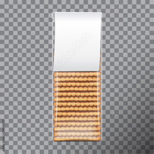 Biscuits pack, wrapped in transparent plastic with white label. Packaging for cookies. Vector illustration
