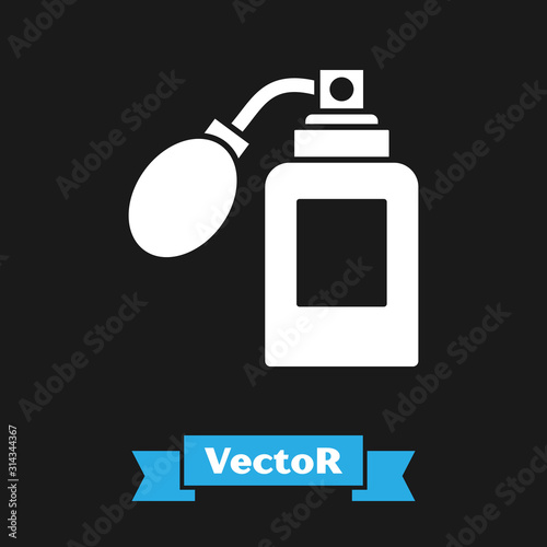 White Aftershave bottle with atomizer icon isolated on black background. Cologne spray icon. Male perfume bottle. Vector Illustration