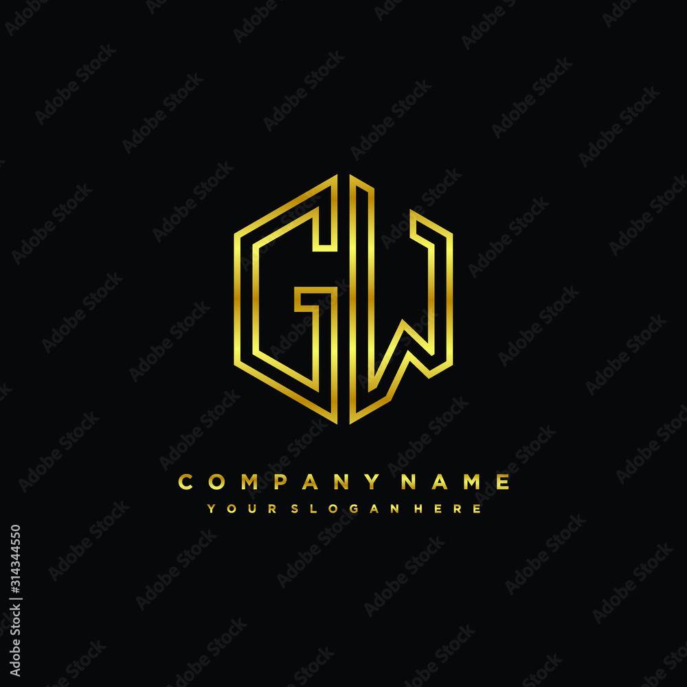 Initial letter GW, minimalist line art monogram hexagon logo, gold color