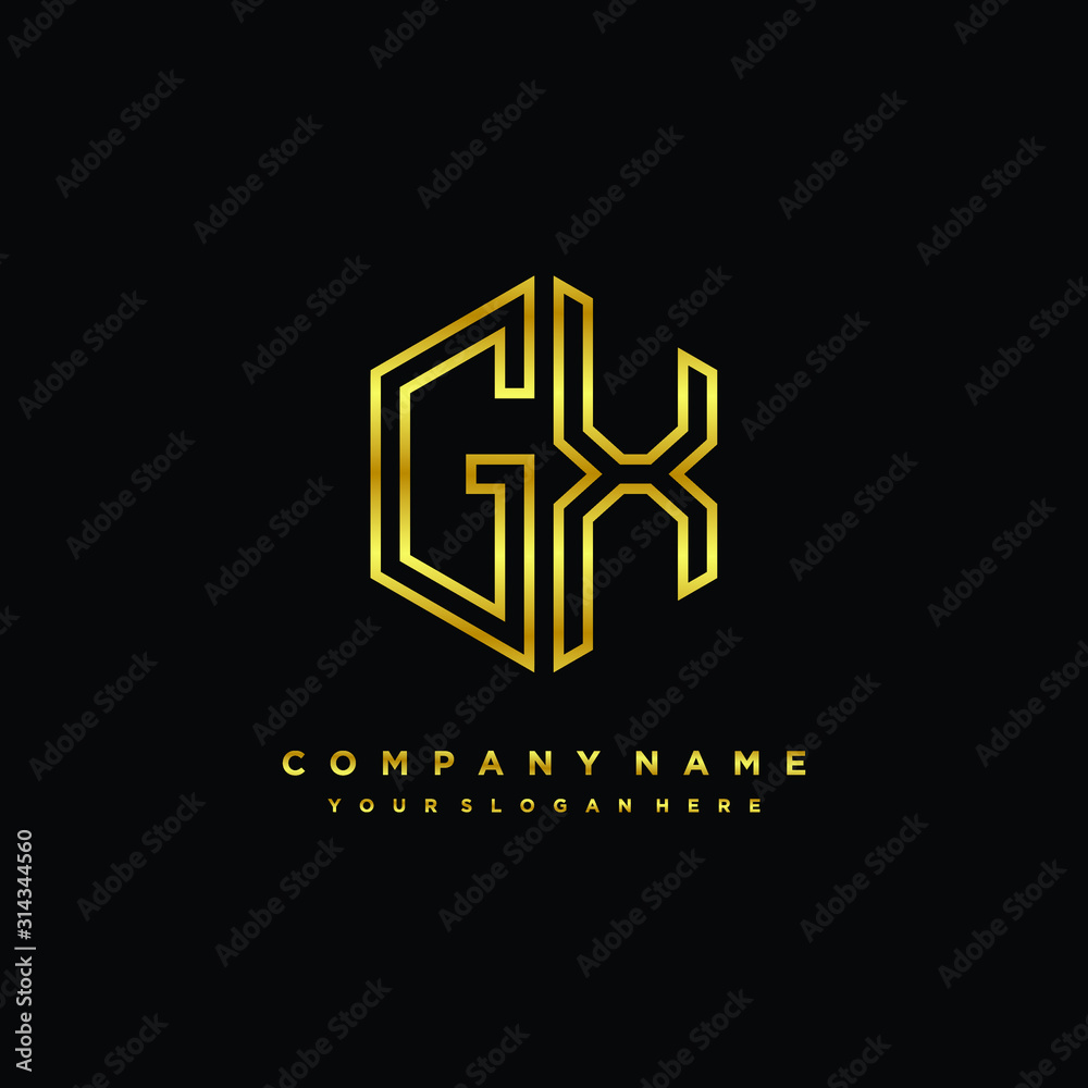 Initial letter GX, minimalist line art monogram hexagon logo, gold color