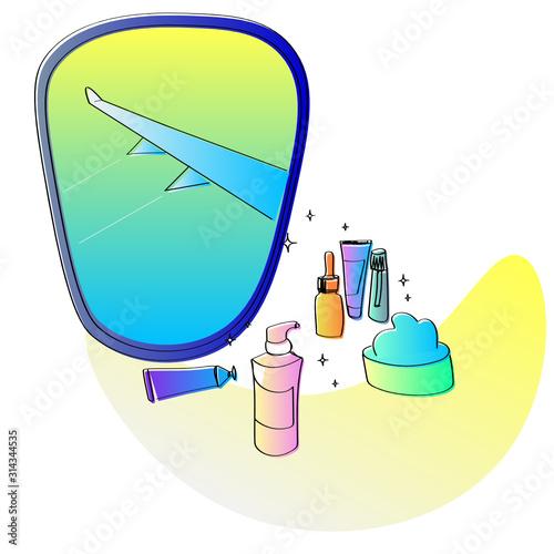 Bright symbolic minimalist illustration showing the use of cosmetic products while flying as well as liquids allowed on board
