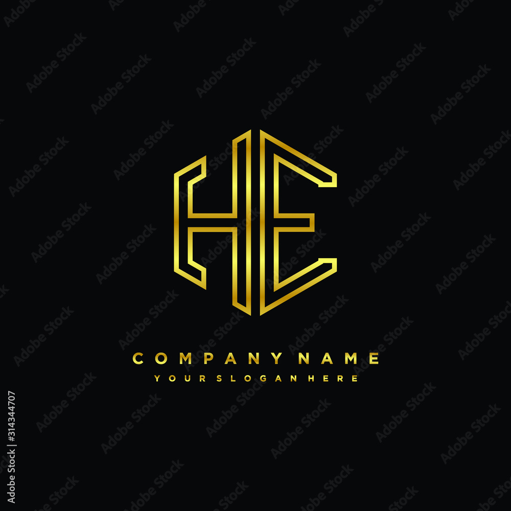 Initial letter HE, minimalist line art monogram hexagon logo, gold color Initial letter HE, minimalist line art monogram hexagon logo, gold color