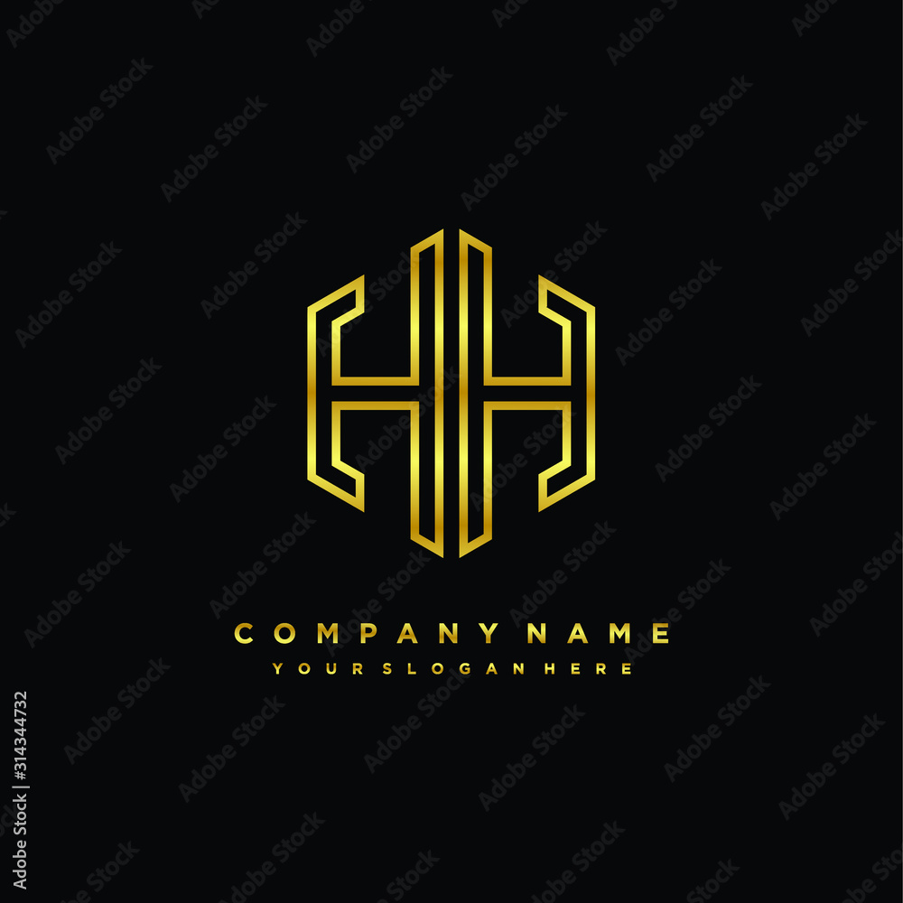 Initial letter HH, minimalist line art monogram hexagon logo, gold color Initial letter HH, minimalist line art monogram hexagon logo, gold color