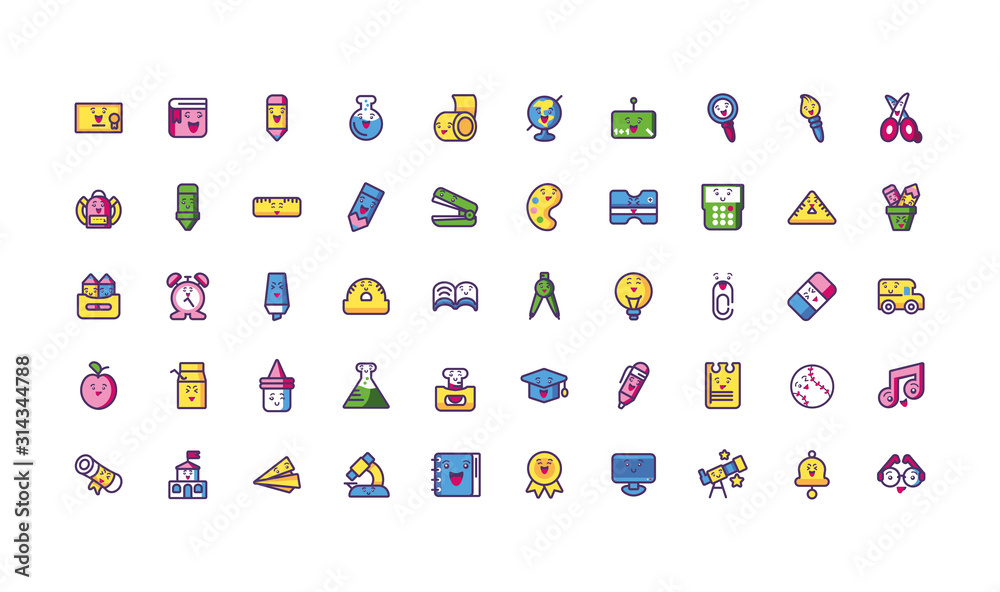 Kawaii school icon set cartoons vector design Kawaii school icon set cartoons vector design