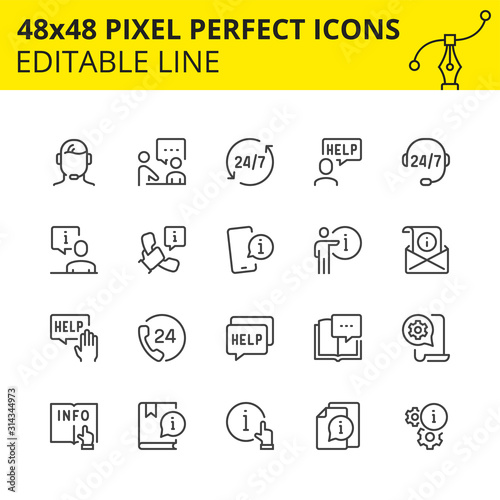 Scaled Icons of Help, Technical Support and 247 assistance. Get the qualified answer any time. Includes handset, help, operator, headset. Pixel Perfect Editable Set 48x48. Vector.