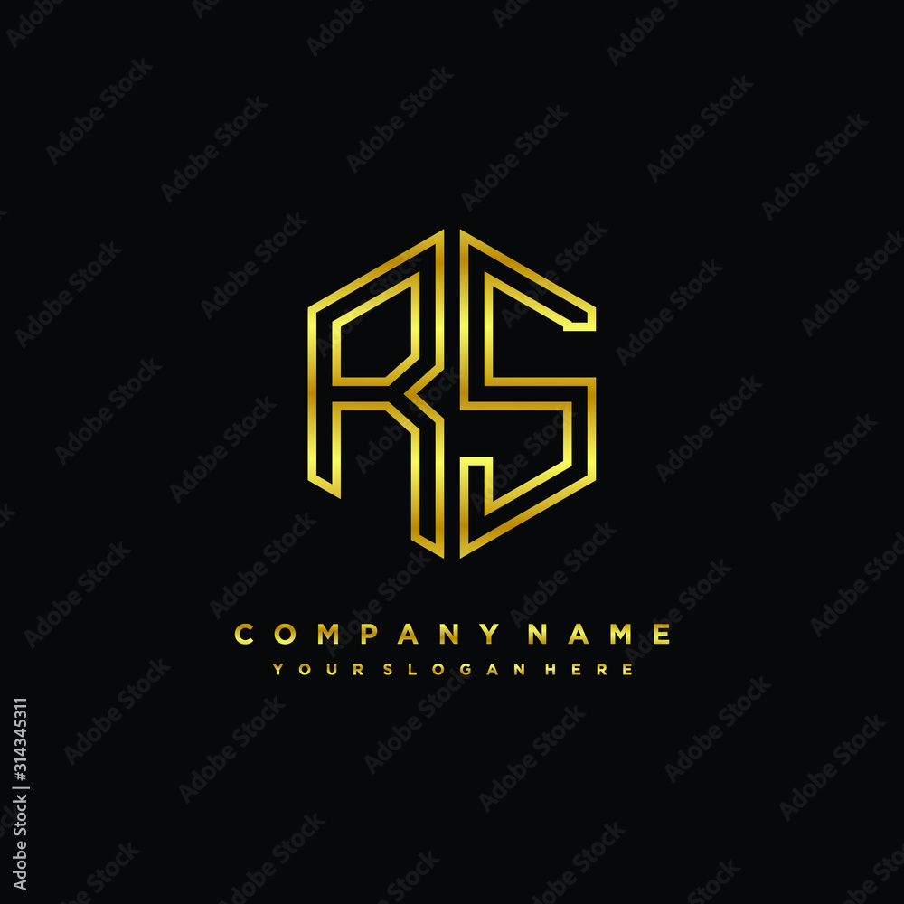 Initial letter RS, minimalist line art monogram hexagon logo, gold color Initial letter RS, minimalist line art monogram hexagon logo, gold color
